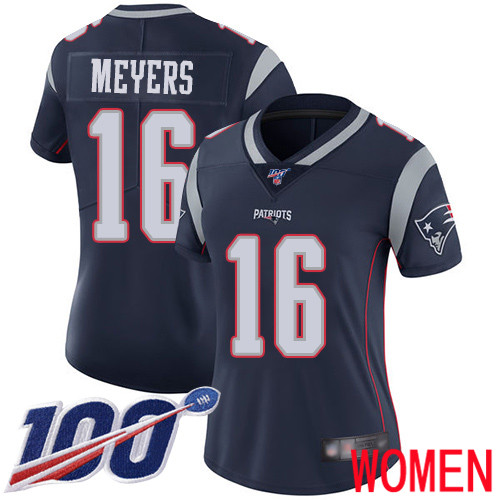 New England Patriots Football #16 100th Limited Navy Blue Women Jakobi Meyers Home NFL Jersey